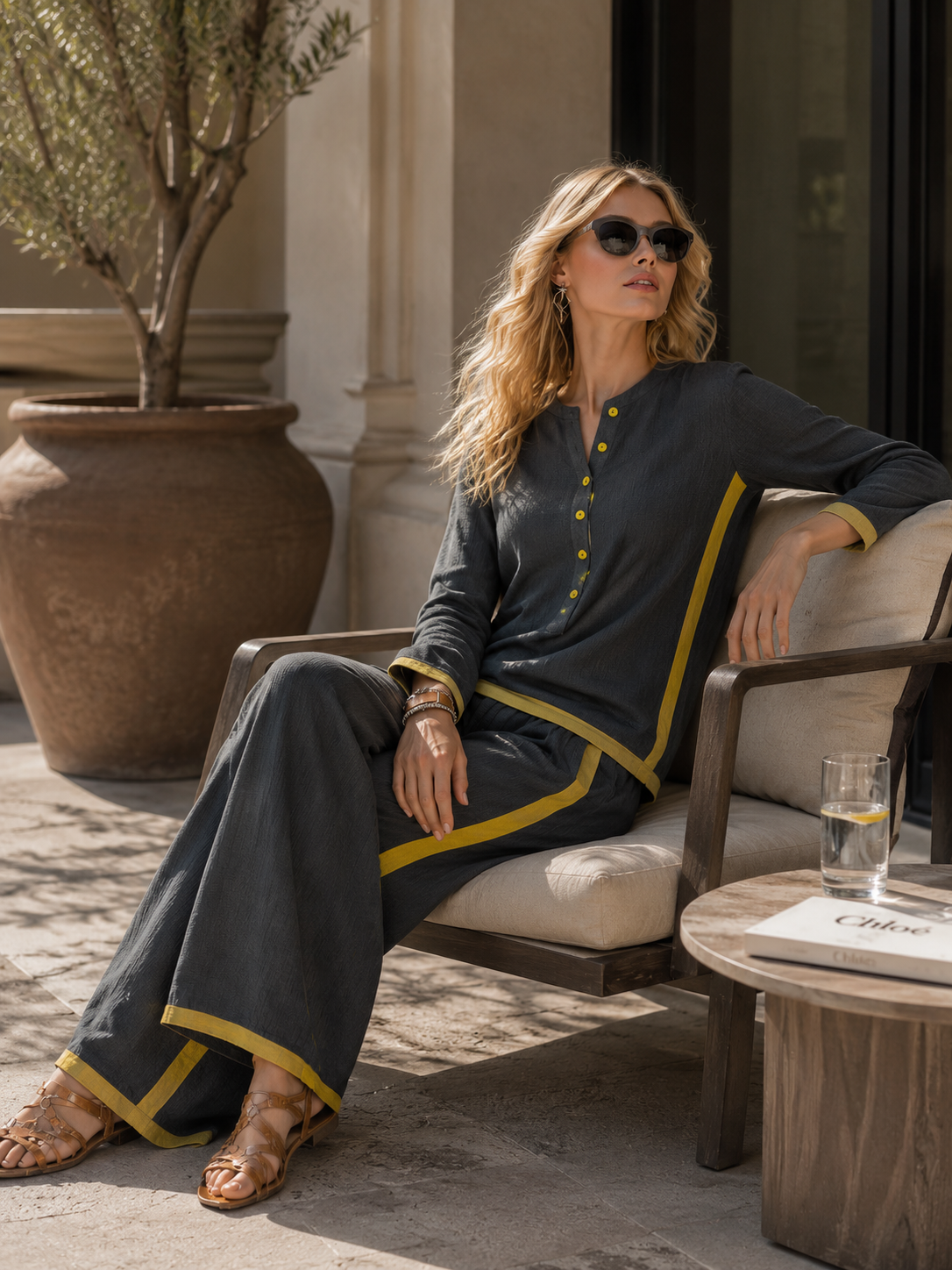 Elegant And Casual Two-tone Trim Gray Cotton And Linen Shirt And Pants Set