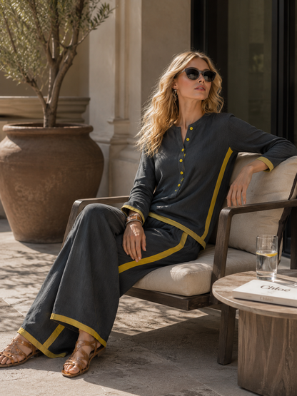 Elegant And Casual Two-tone Trim Gray Cotton And Linen Shirt And Pants Set