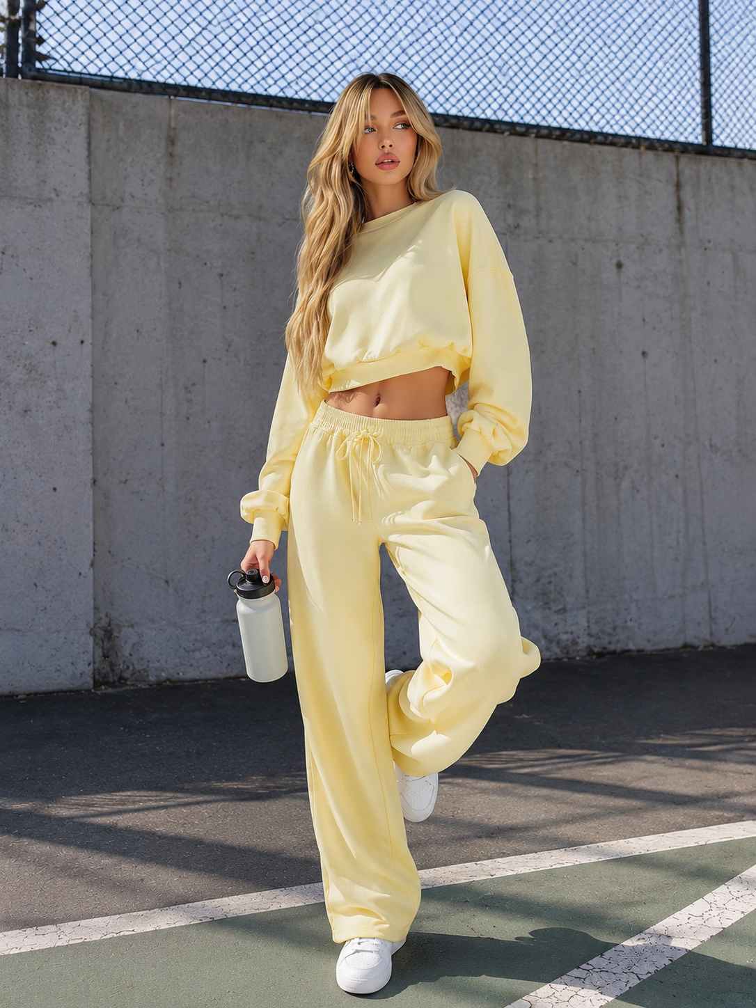 Casual Minimalist Pale Yellow Cropped Sweatshirt And Pant Set