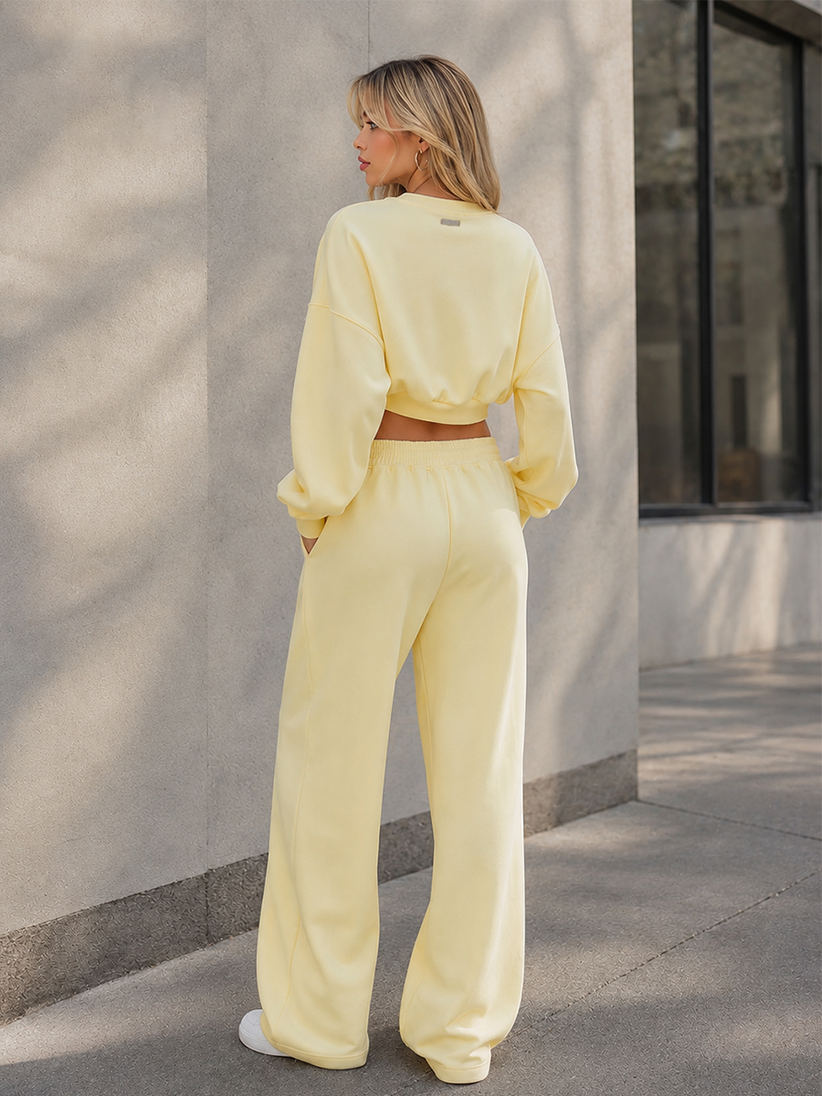 Casual Minimalist Pale Yellow Cropped Sweatshirt And Pant Set