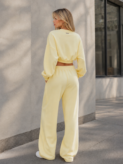 Casual Minimalist Pale Yellow Cropped Sweatshirt And Pant Set