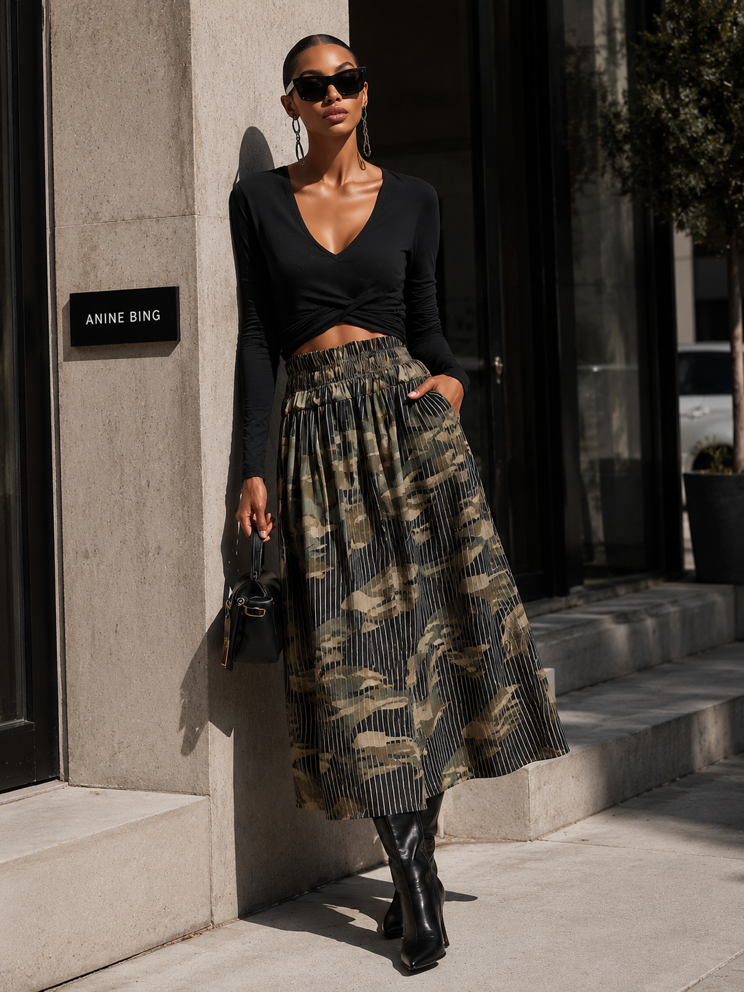 Stylish Black Stretch Long-sleeve T-shirt And Striped Camouflage Midi Skirt Set