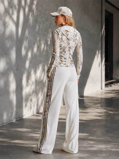 Casual Athletic White Camouflage Zip-Up Hoodie And Wide-Leg Pants Cotton Set