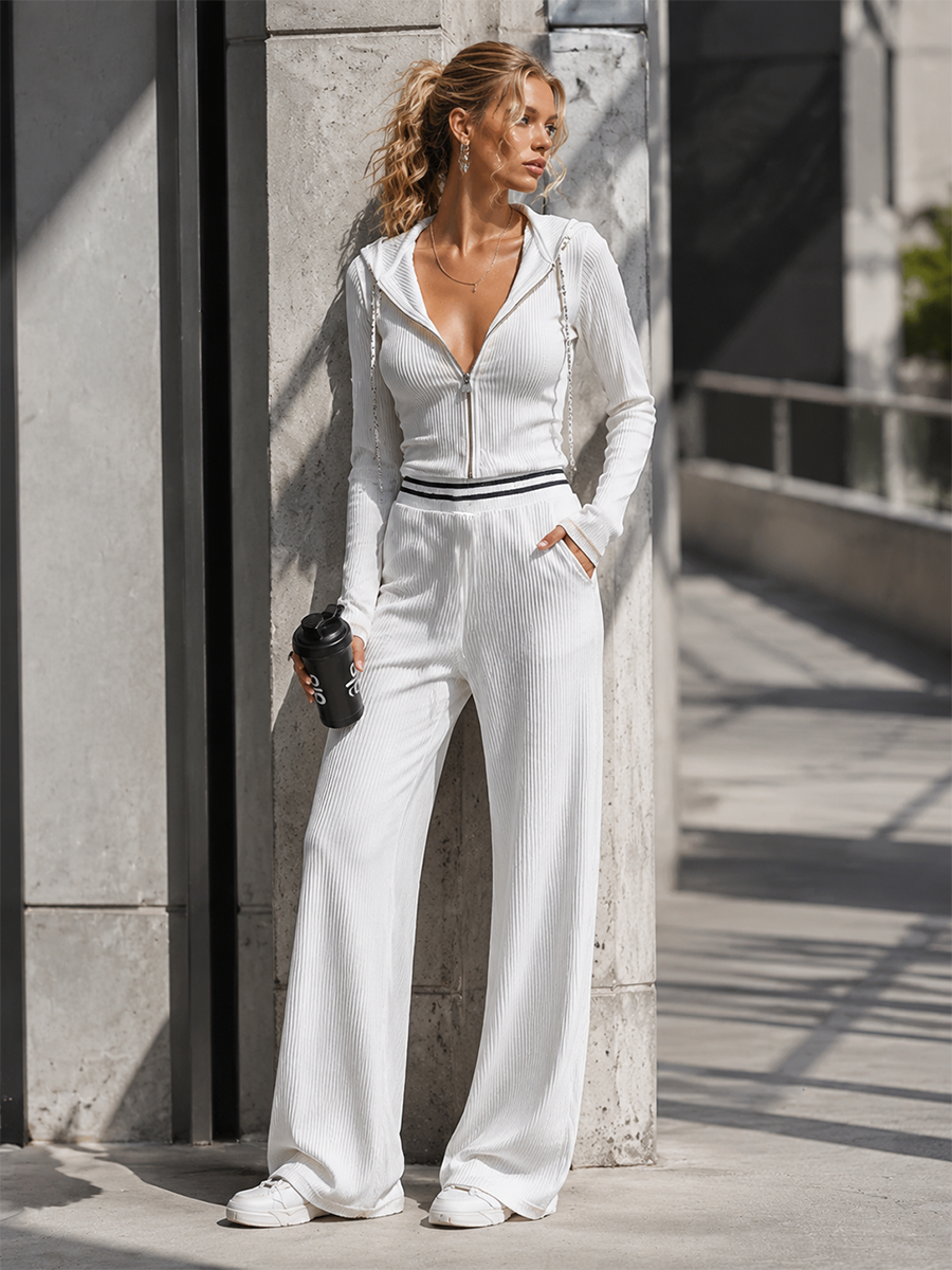 Elegant Sporty Striped Trim White Breathable Knit Hooded Jumpsuit