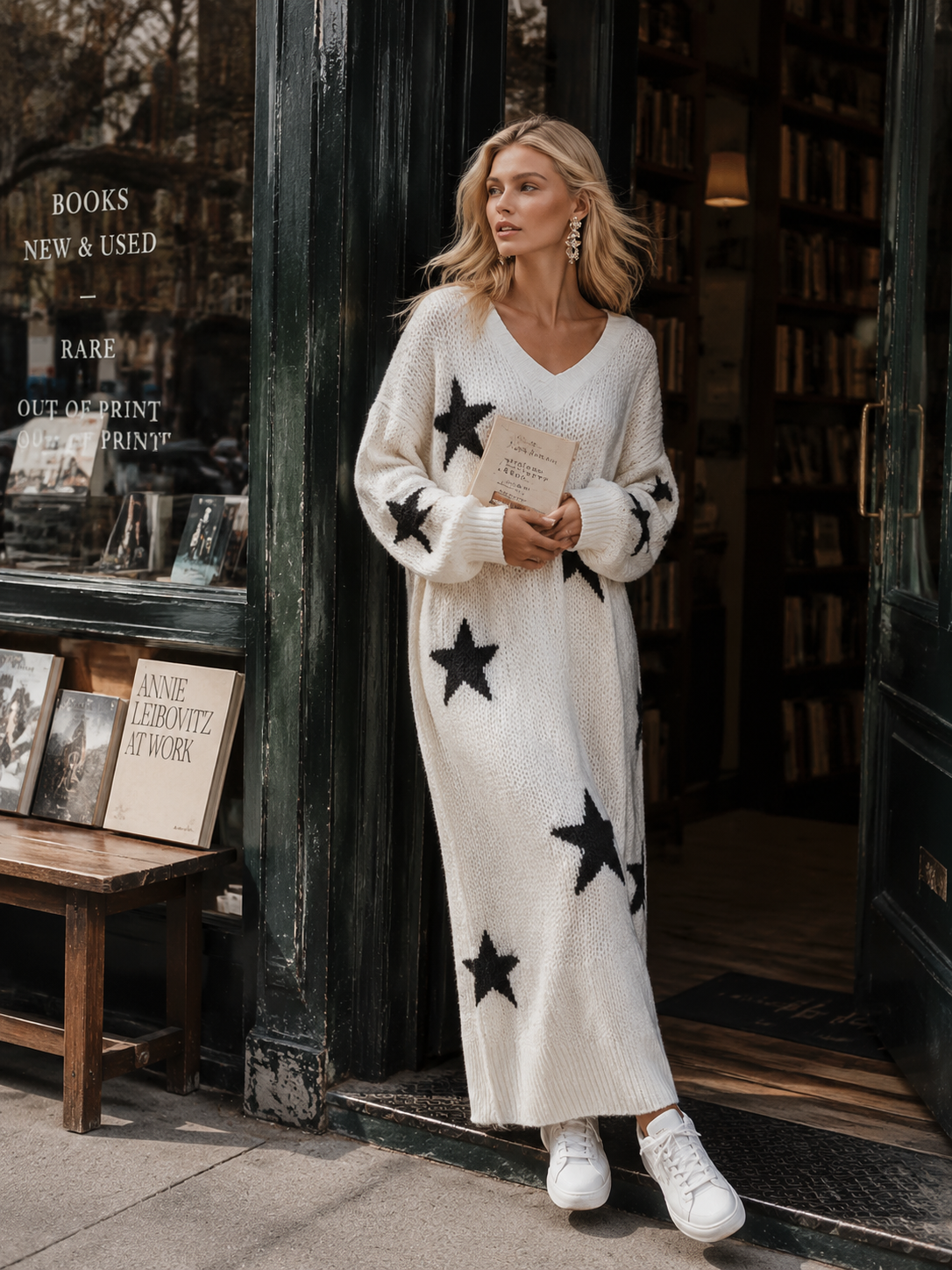 Oversized Star Print Knit Sweater Maxi Dress