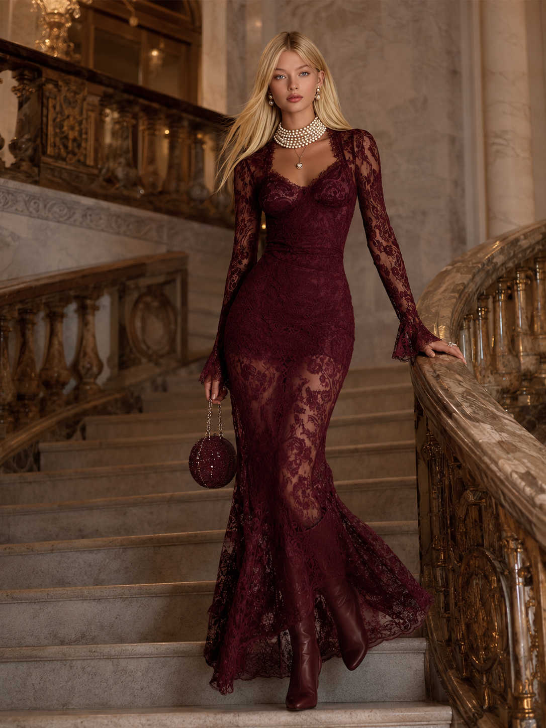 Elegant Vintage Style Square Neck Long-Sleeve Burgundy Lace Maxi Dress