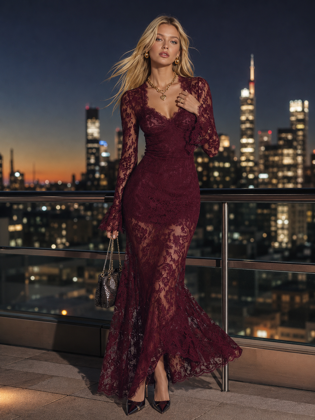 Elegant Vintage Style Square Neck Long-Sleeve Burgundy Lace Maxi Dress