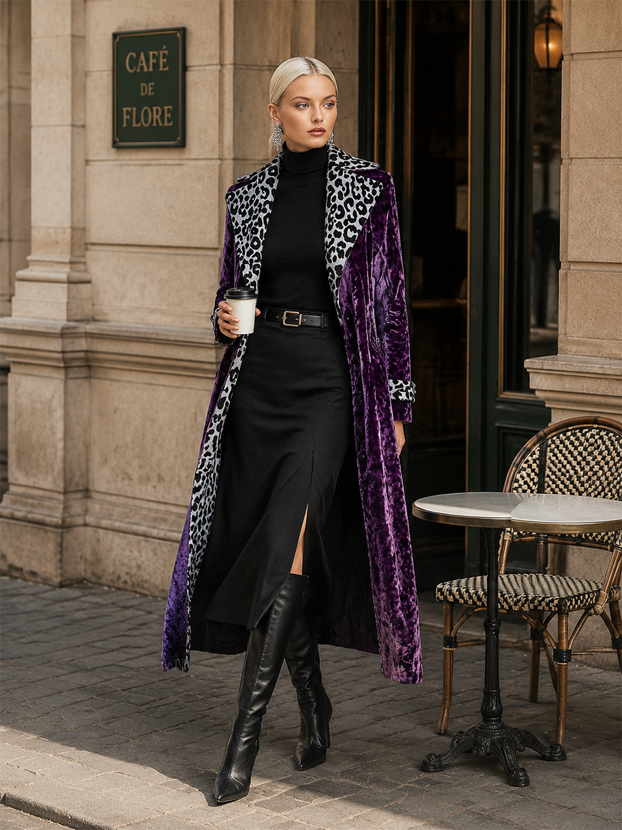 Vintage-style Leopard Print Lining Deep Plum-purple Velvet Coat