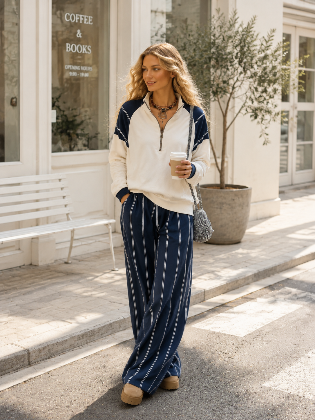 Casual Raglan-Sleeve Sweatshirt And Striped Sweatpants Set