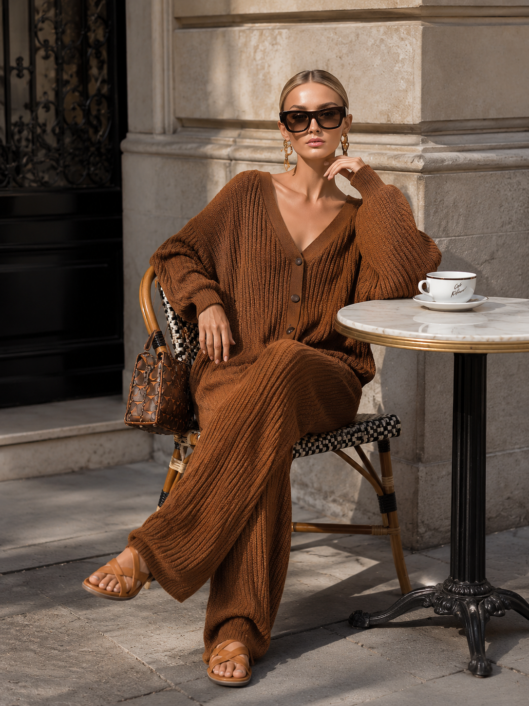 Cozy Relaxed-fit Brown V-neck Ribbed Knit Jumpsuit