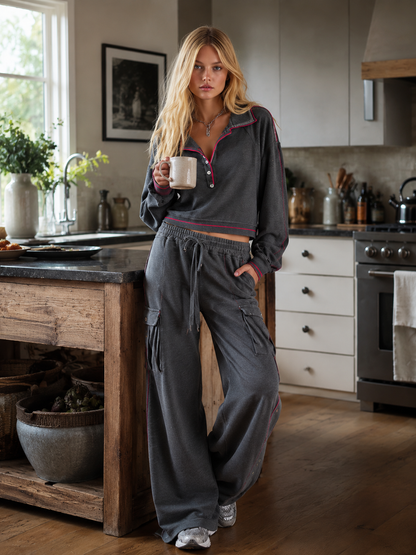 Stylish Sporty Trim Dark Grey Cotton Sweatshirt And Cargo Jogger Set