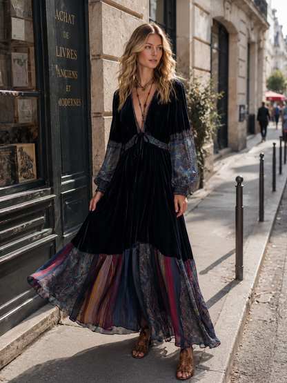Vintage-style Premium Printed-trim Velvet V-neck Maxi Dress