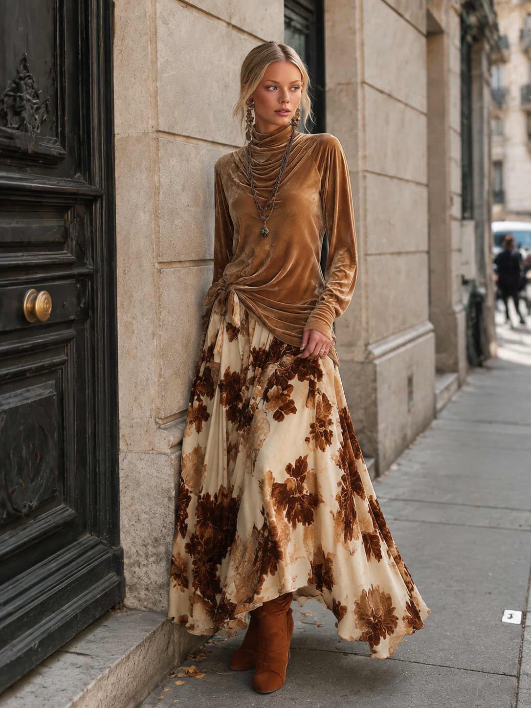 Vintage-style Elegant Camel-colored Cowl-neck Top And Printed Skirt Velvet Set