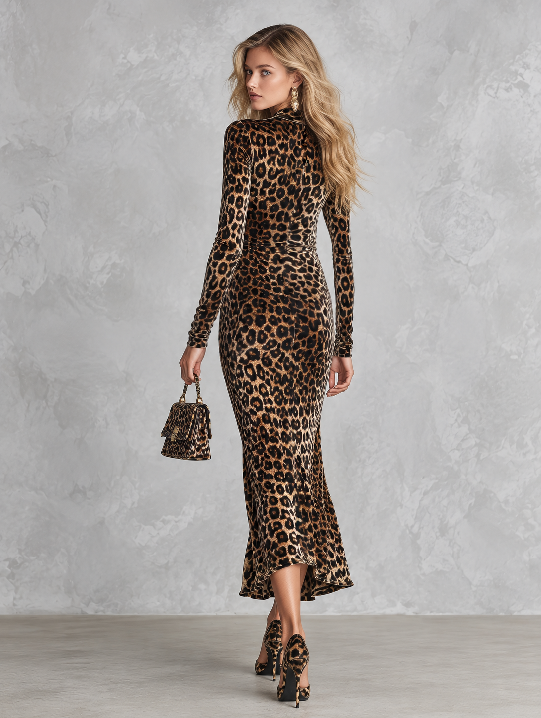 Vintage Brown Leopard Print V-Neck Ruched Velvet Midi Dress