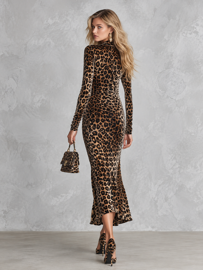 Vintage Brown Leopard Print V-Neck Ruched Velvet Midi Dress
