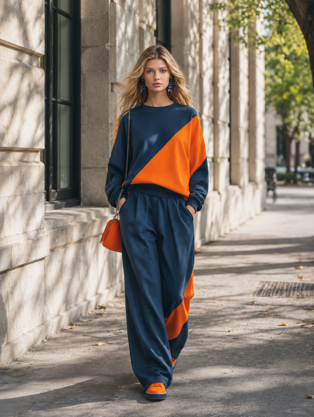 Casual Sportswear Blue And Orange Color-Block Sweatshirt And Joggers Set