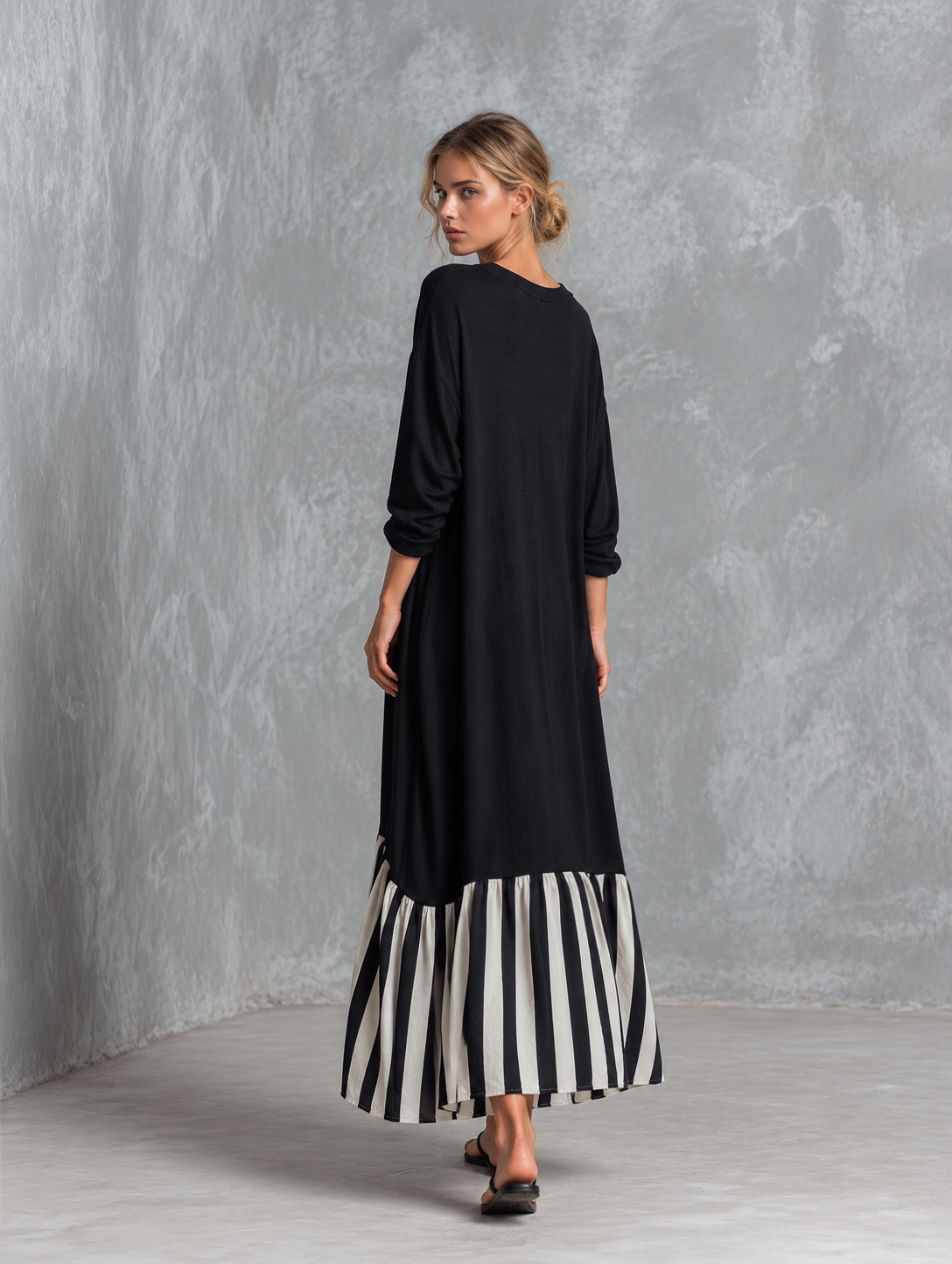 Casual Minimalist Black Cotton Patchwork-style Striped Oversized Maxi Dress