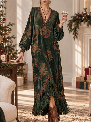 Retro Silhouette Printed Green Faux Suede Tassel Maxi Dress
