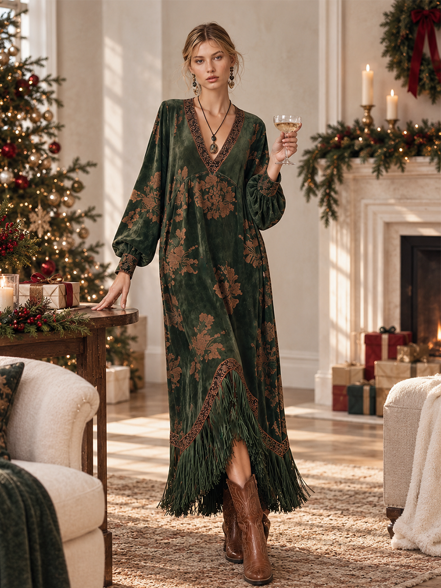 Retro Silhouette Printed Green Faux Suede Tassel Maxi Dress