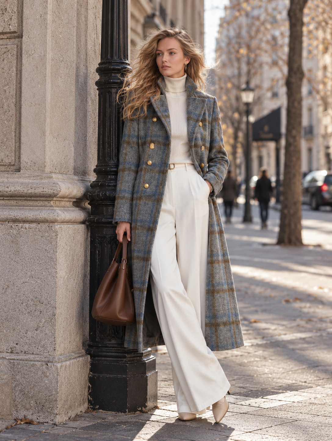 Vintage-style Elegant Blue-grey Plaid Double-breasted Coat