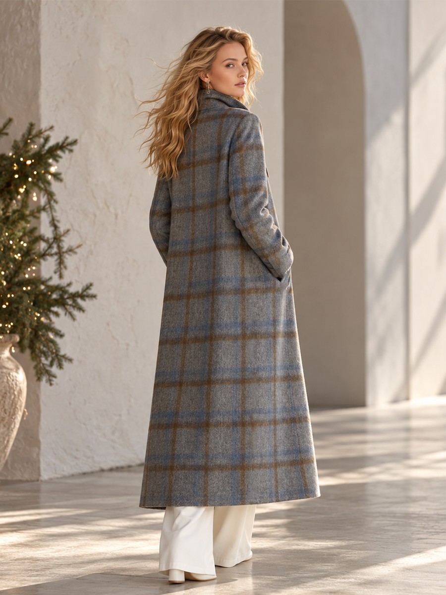 Vintage-style Elegant Blue-grey Plaid Double-breasted Coat
