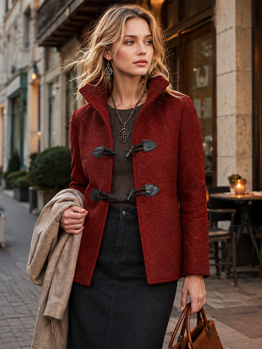 Vintage-style Toggle Coat Red Stand-collar Cropped Coat