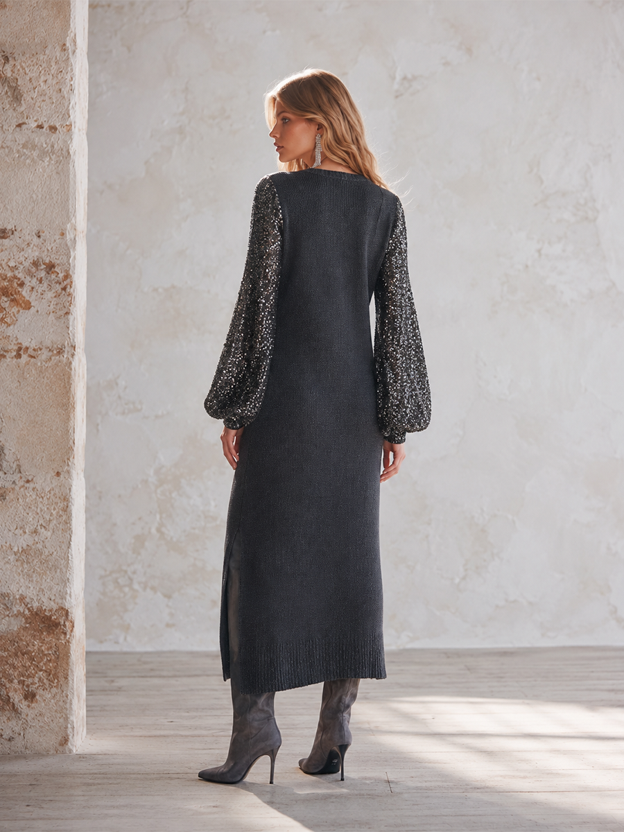 elegant-grey-v-neck-long-sleeve-knitted-sequin-maxi-dress - Oyrosy