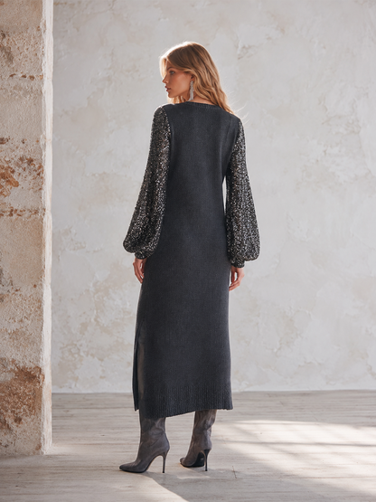 elegant-grey-v-neck-long-sleeve-knitted-sequin-maxi-dress - Oyrosy