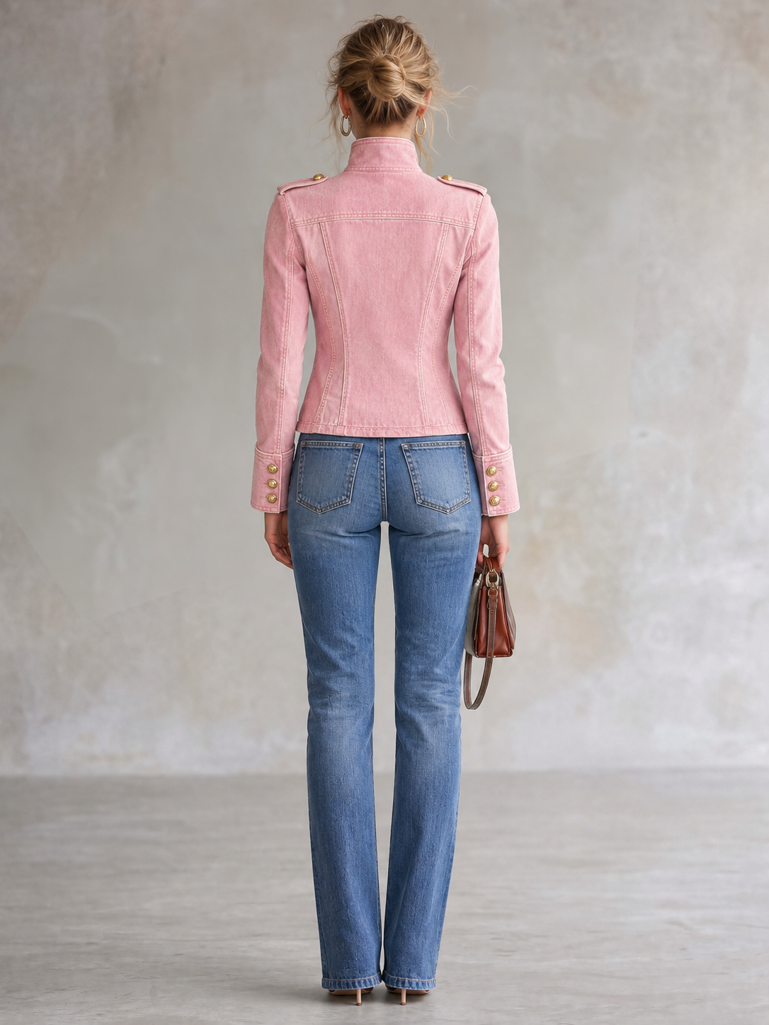Vintage Military Pink Denim Band Jacket Women Gold Button Cropped Fall Coat