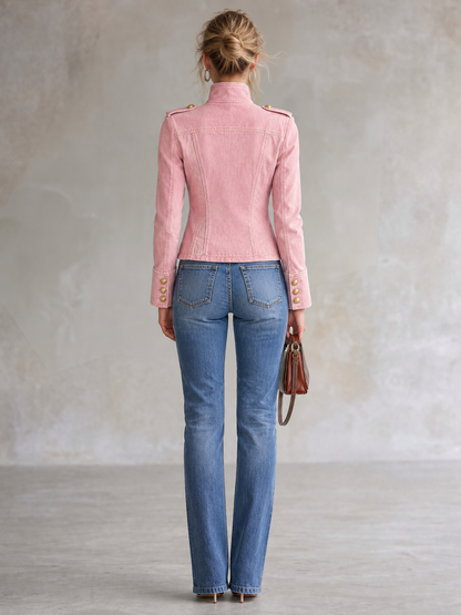 Vintage Military Pink Denim Band Jacket Women Gold Button Cropped Fall Coat