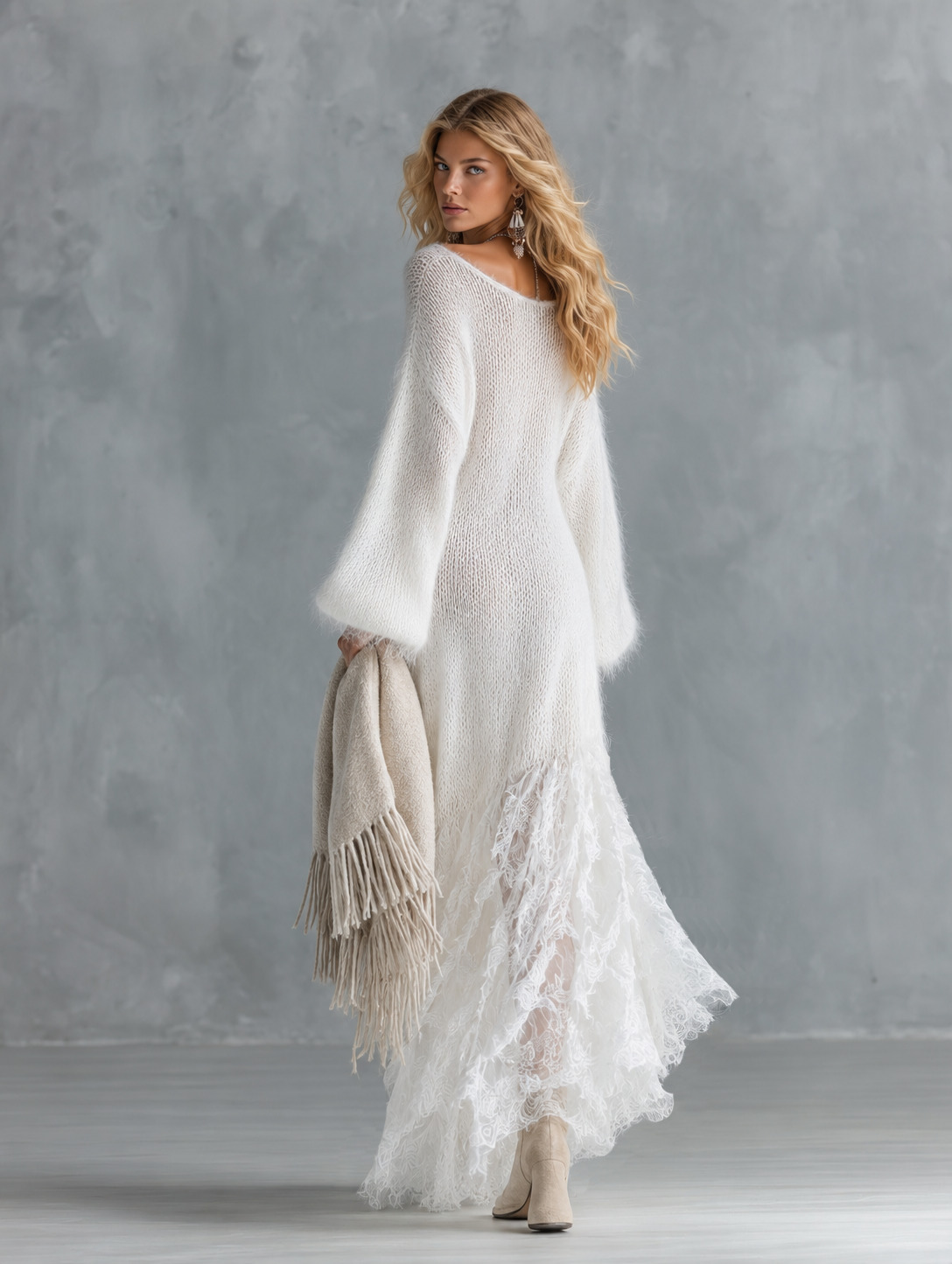 soft-and-cozy-long-haired-white-knit-lace-hem-maxi-dress - Oyrosy