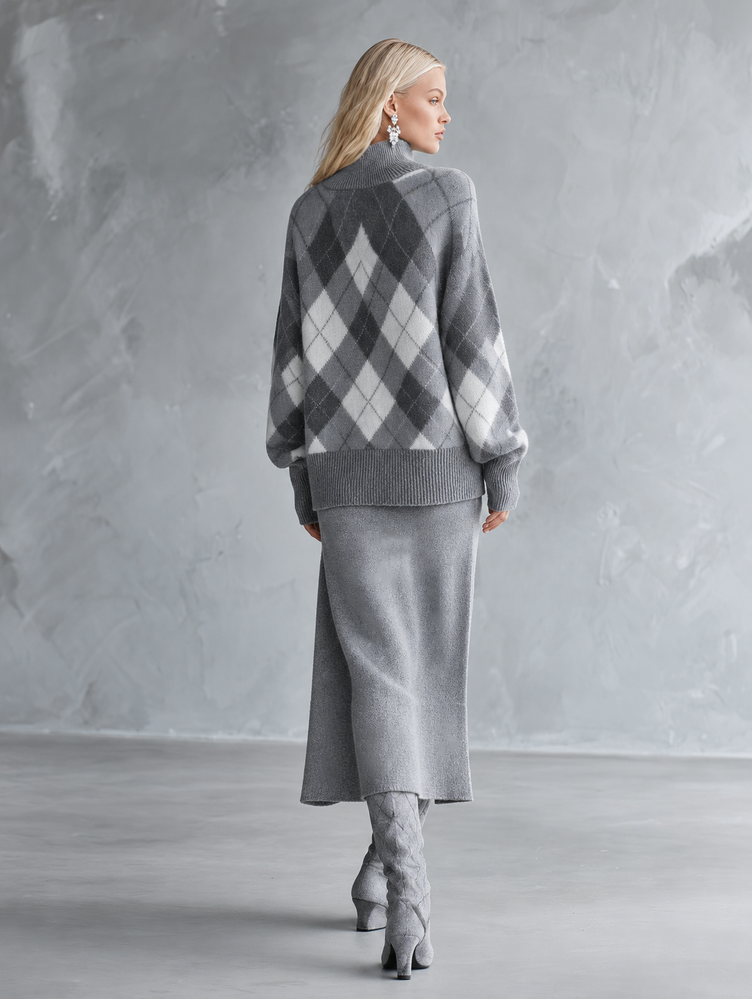 Premium Grey Mock-neck Plaid Sweater And Solid-color Slit Midi Skirt Set