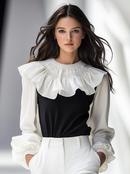 Romantic and Stylish Black and White Contrast Ruffled Blouse