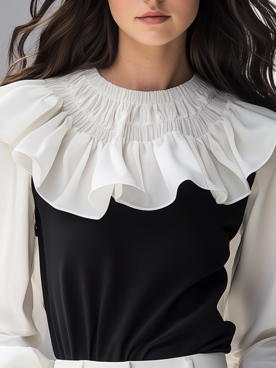 Romantic and Stylish Black and White Contrast Ruffled Blouse