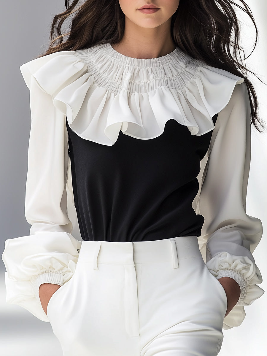 Romantic and Stylish Black and White Contrast Ruffled Blouse