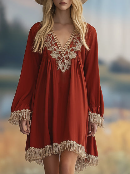 Casual Loose Fit Embroidered Tassel Long Sleeve Mini Dress