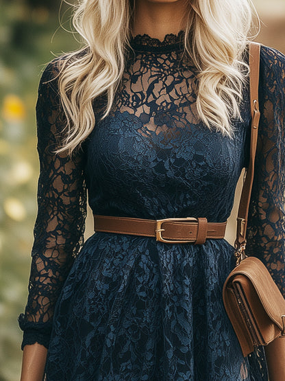 Elegant Bohemian Blue Lace Long Sleeve Maxi Dress