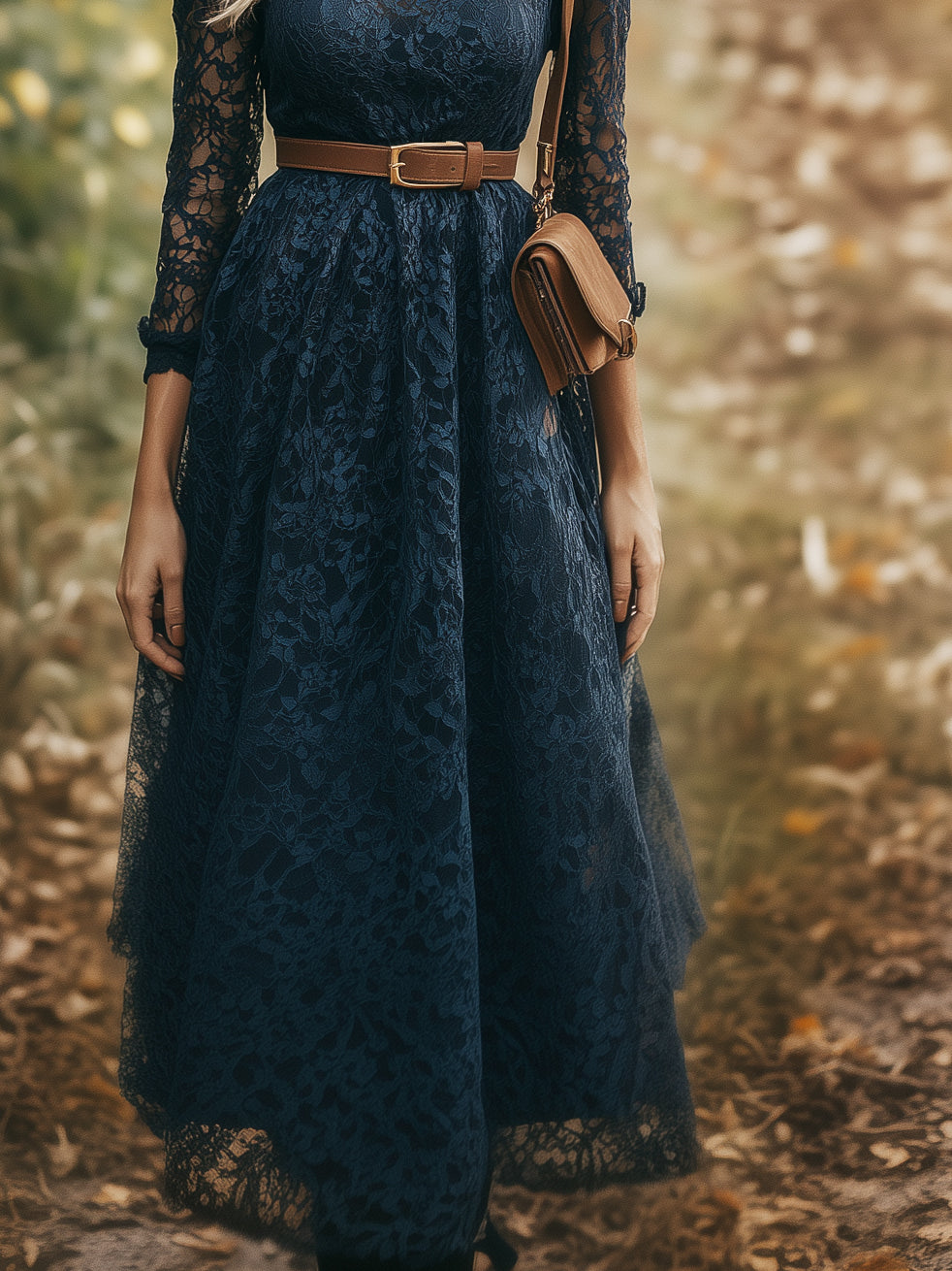 Elegant Bohemian Blue Lace Long Sleeve Maxi Dress