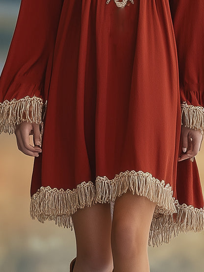 Casual Loose Fit Embroidered Tassel Long Sleeve Mini Dress