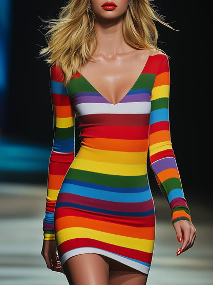 Vibrant V-neck Rainbow Stripe Long Sleeve Mini Dress