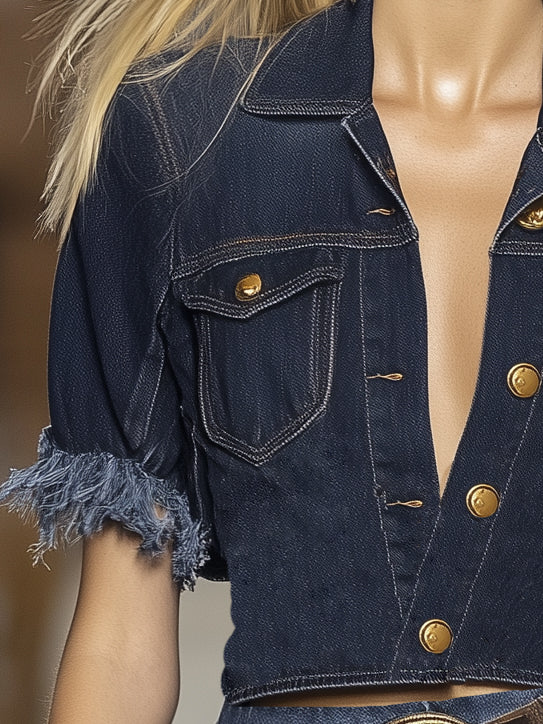 Retro Fashion Denim Short Sleeve Blouse