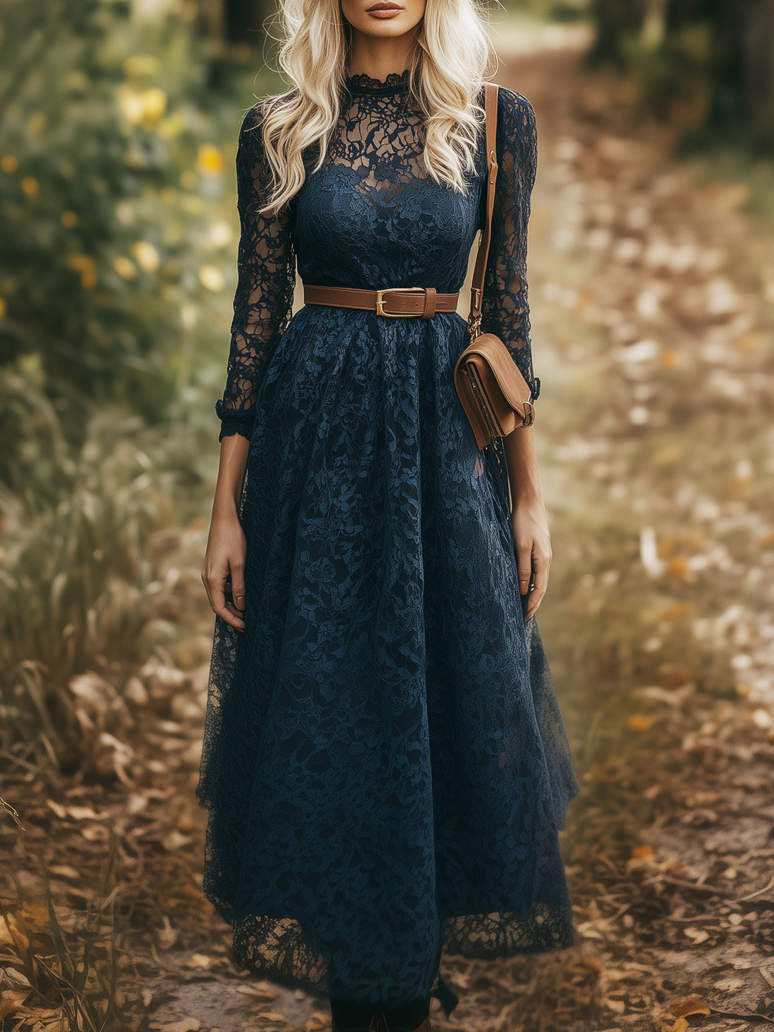 Elegant Bohemian Blue Lace Long Sleeve Maxi Dress