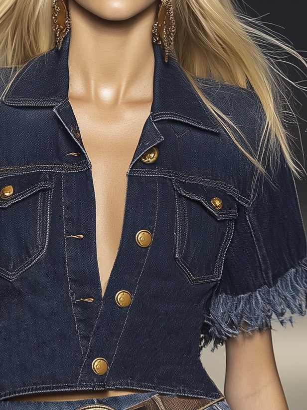 Retro Fashion Denim Short Sleeve Blouse