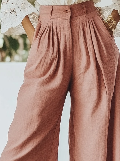 Lifestyle Cotton and Linen Pink Wide-Leg Trousers