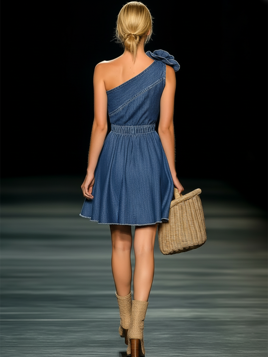 Elegant Retro 3D Floral Blue Denim Sleeveless Mini Dress