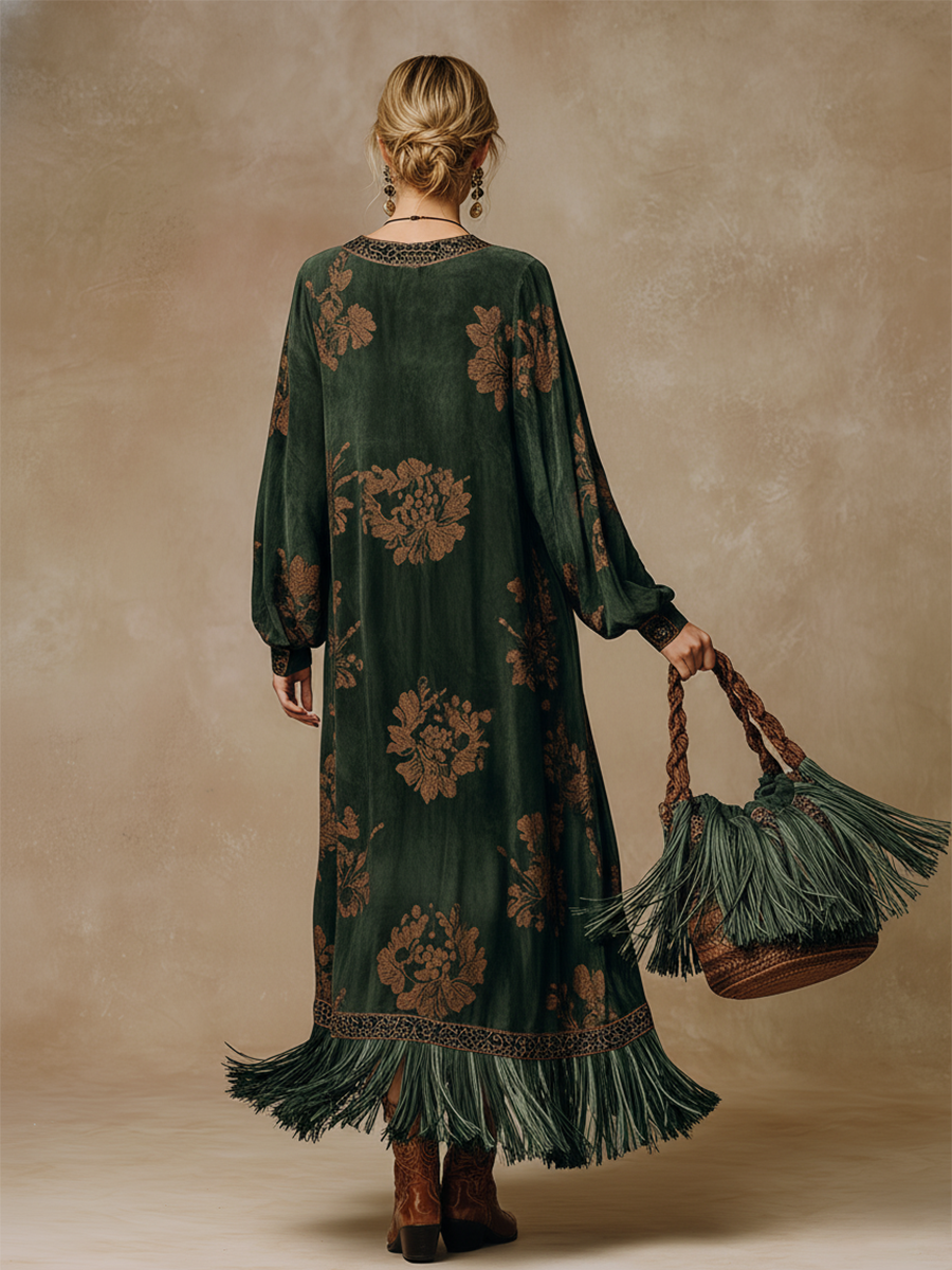 brown flower print tassel maxi dress Botanical Maxi Dress With Sleeves