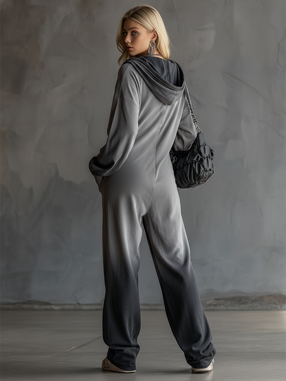 Trendy Sporty Grey Gradient Black Hooded Jumpsuit