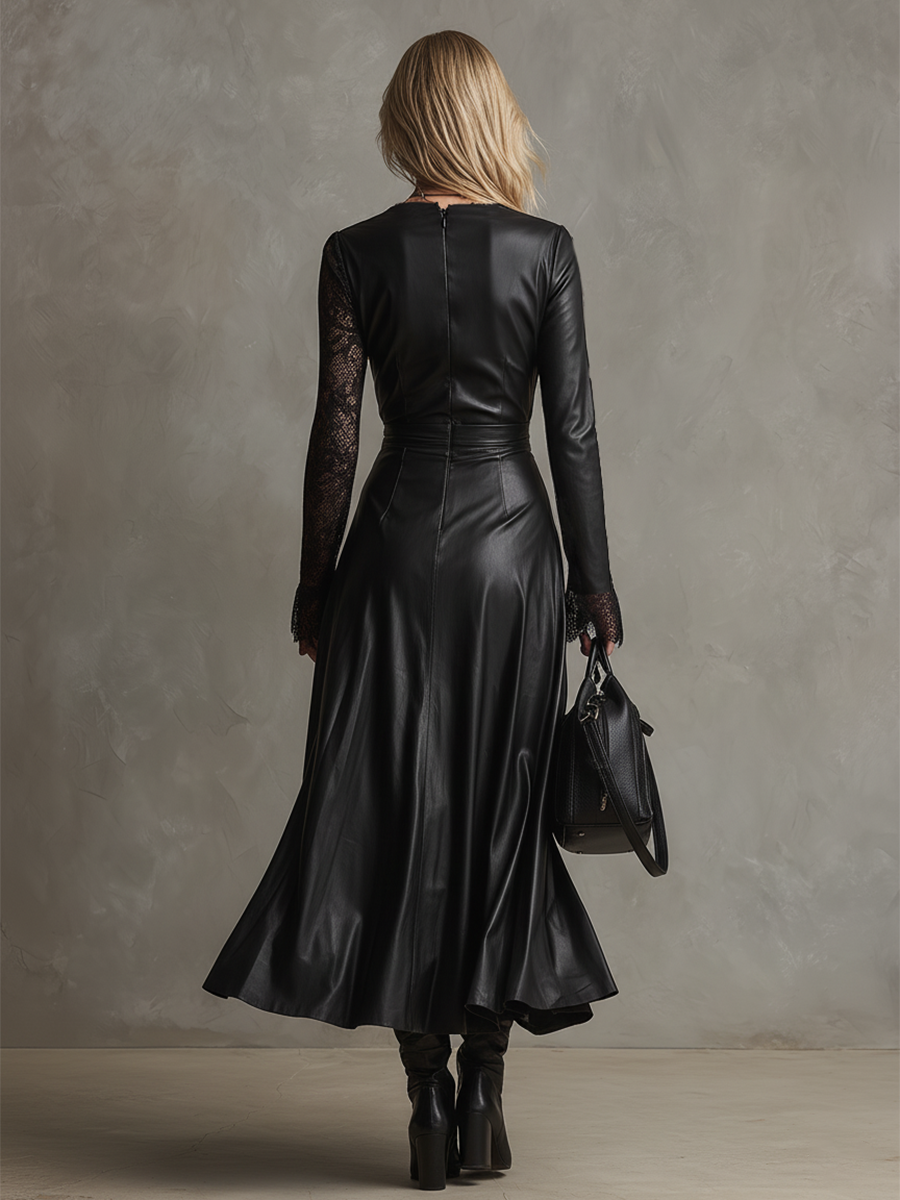 Delicate Lace-sleeved Black Faux Leather Maxi Dress