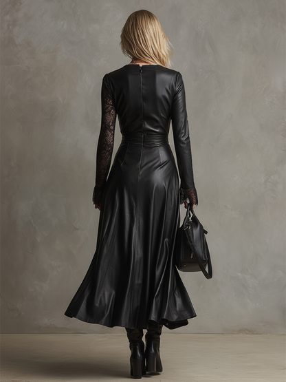 Delicate Lace-sleeved Black Faux Leather Maxi Dress
