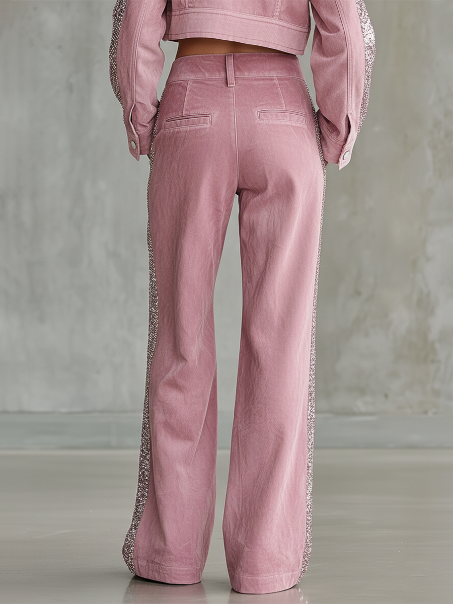Retro-style Sequined Striped Faux Suede Wide-leg Pants